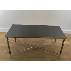 Table Basse Rectangulaire en Laiton et Plateau de Verre Laqué Noir, dans le Goût de la Maison Jansen, Vers 1940