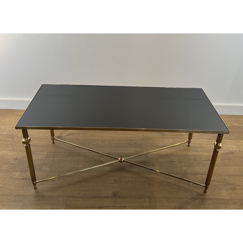 Table Basse Rectangulaire en Laiton et Plateau de Verre Laqué Noir, dans le Goût de la Maison Jansen, Vers 1940