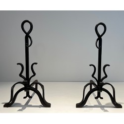 Pair of Important Cast Iron and Wrought Iron Andirons, French Work, Circa 1940