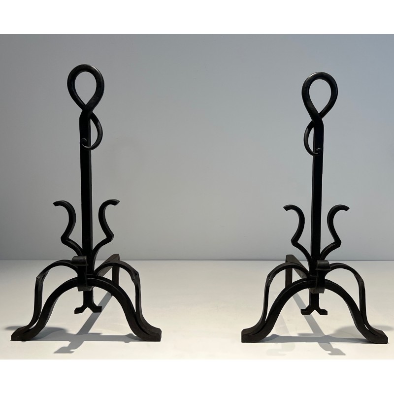 Pair of Important Cast Iron and Wrought Iron Andirons, French Work, Circa 1940