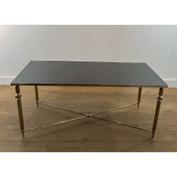 Rectangular Brass Coffee Table with Black Lacquered Glass Top, in the Style of Maison Jansen, Circa 1940