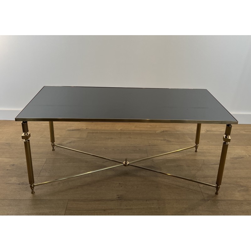 Table Basse Rectangulaire en Laiton et Plateau de Verre Laqué Noir, dans le Goût de la Maison Jansen, Vers 1940