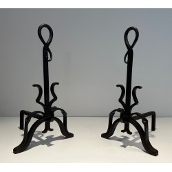 Pair of Important Cast Iron and Wrought Iron Andirons, French Work, Circa 1940