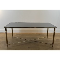 Table Basse Rectangulaire en Laiton et Plateau de Verre Laqué Noir, dans le Goût de la Maison Jansen, Vers 1940