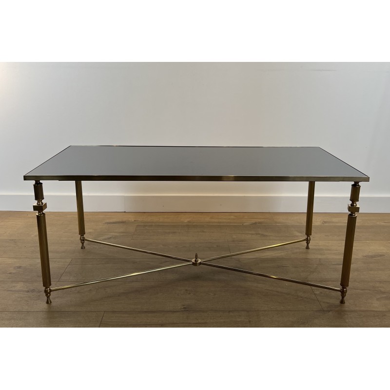 Rectangular Brass Coffee Table with Black Lacquered Glass Top, in the Style of Maison Jansen, Circa 1940