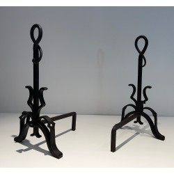 Pair of Important Cast Iron and Wrought Iron Andirons, French Work, Circa 1940