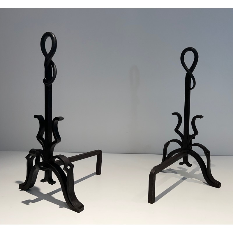 Pair of Important Cast Iron and Wrought Iron Andirons, French Work, Circa 1940