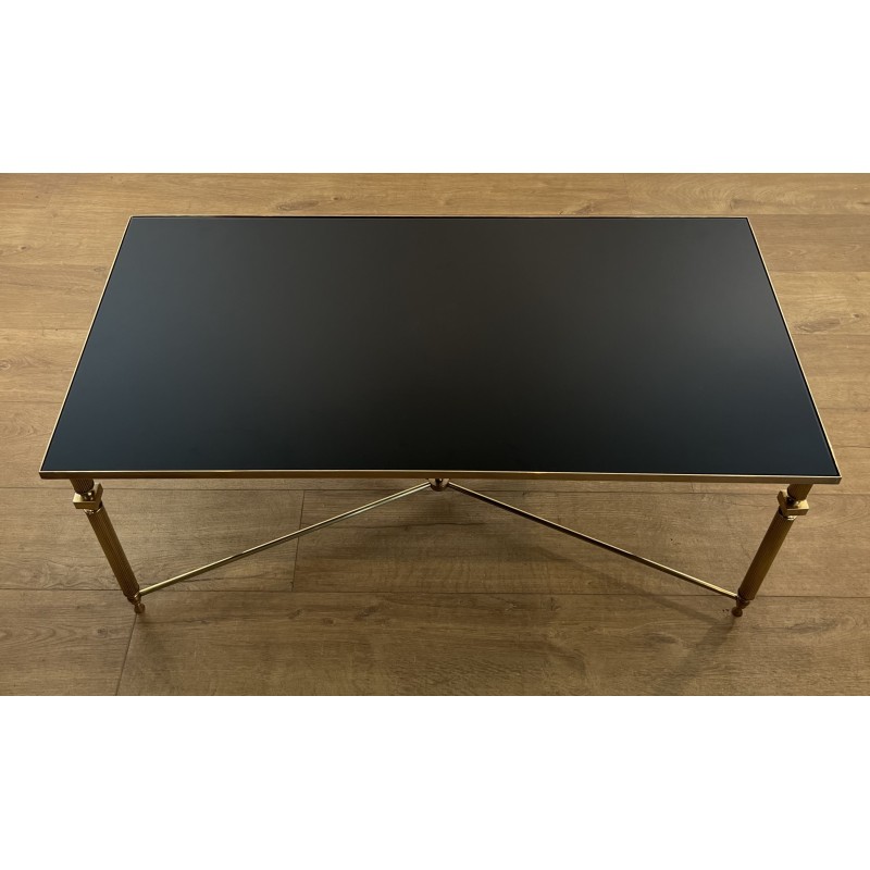 Table Basse Rectangulaire en Laiton et Plateau de Verre Laqué Noir, dans le Goût de la Maison Jansen, Vers 1940