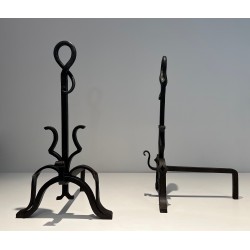 Pair of Important Cast Iron and Wrought Iron Andirons, French Work, Circa 1940