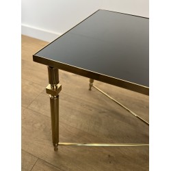 Table Basse Rectangulaire en Laiton et Plateau de Verre Laqué Noir, dans le Goût de la Maison Jansen, Vers 1940