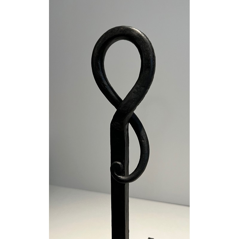 Pair of Important Cast Iron and Wrought Iron Andirons, French Work, Circa 1940