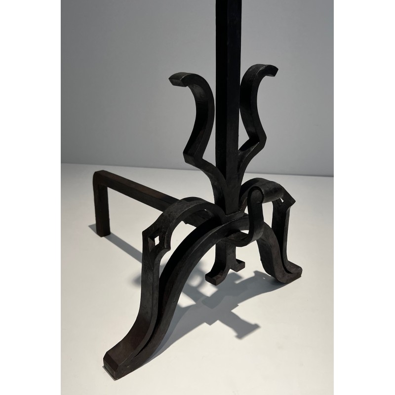 Pair of Important Cast Iron and Wrought Iron Andirons, French Work, Circa 1940