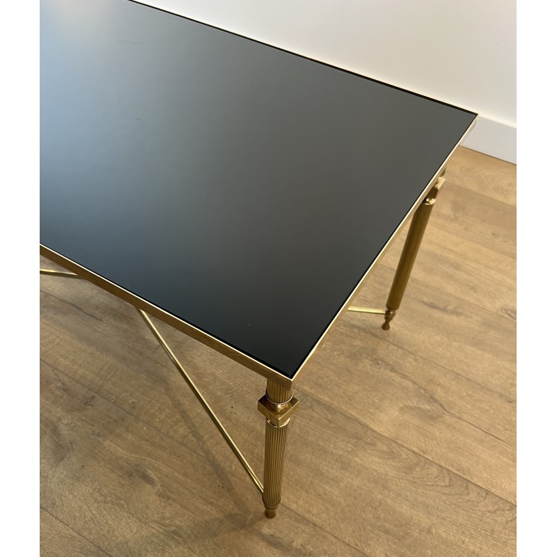 Table Basse Rectangulaire en Laiton et Plateau de Verre Laqué Noir, dans le Goût de la Maison Jansen, Vers 1940