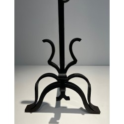 Pair of Important Cast Iron and Wrought Iron Andirons, French Work, Circa 1940