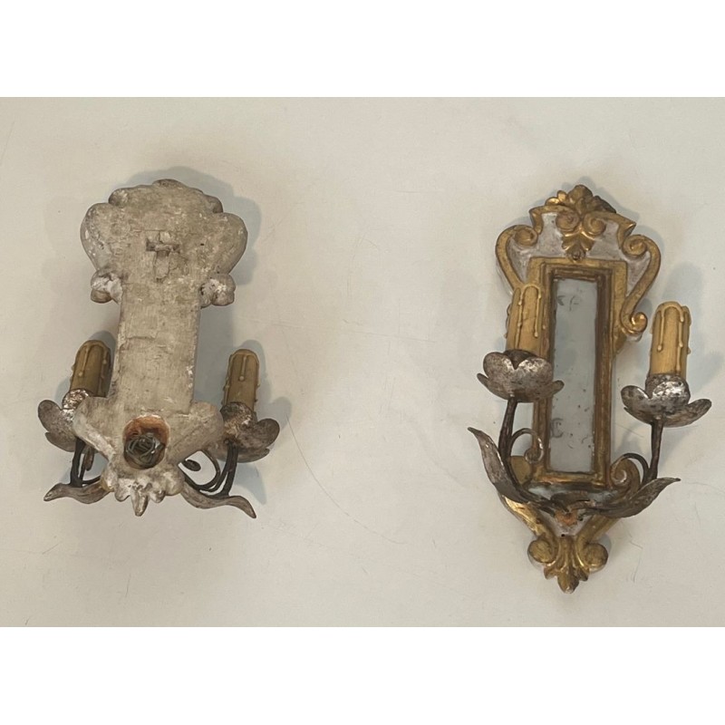 Pair of Art Déco Carved Wood Wall Lights with Mirror | Italian Work, circa 1935