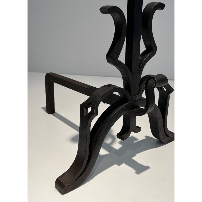 Pair of Important Cast Iron and Wrought Iron Andirons, French Work, Circa 1940