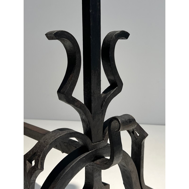 Pair of Important Cast Iron and Wrought Iron Andirons, French Work, Circa 1940