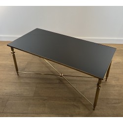 Table Basse Rectangulaire en Laiton et Plateau de Verre Laqué Noir, dans le Goût de la Maison Jansen, Vers 1940