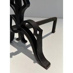 Pair of Important Cast Iron and Wrought Iron Andirons, French Work, Circa 1940