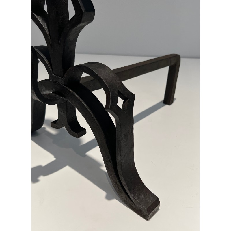 Pair of Important Cast Iron and Wrought Iron Andirons, French Work, Circa 1940