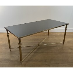 Table Basse Rectangulaire en Laiton et Plateau de Verre Laqué Noir, dans le Goût de la Maison Jansen, Vers 1940