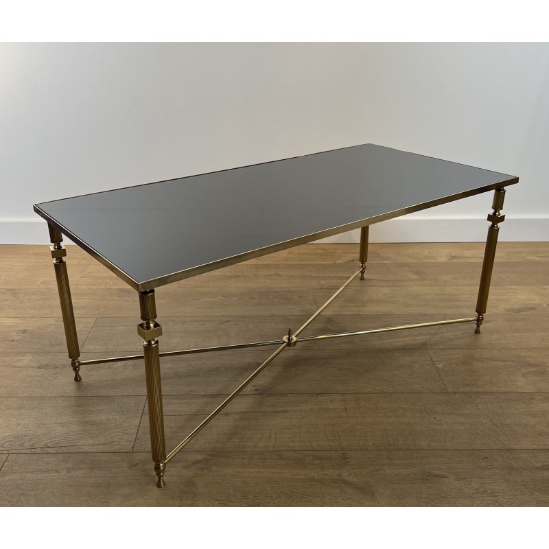 Rectangular Brass Coffee Table with Black Lacquered Glass Top, in the Style of Maison Jansen, Circa 1940