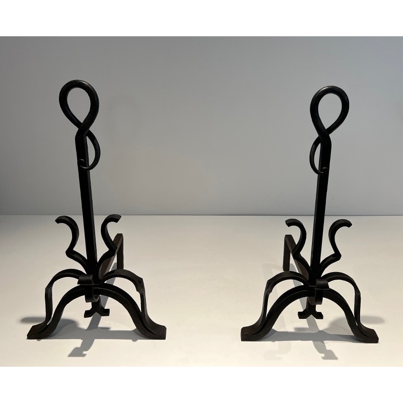 Pair of Important Cast Iron and Wrought Iron Andirons, French Work, Circa 1940