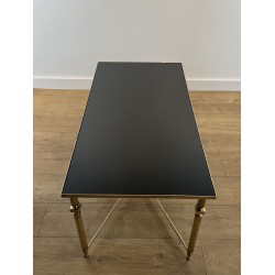 Table Basse Rectangulaire en Laiton et Plateau de Verre Laqué Noir, dans le Goût de la Maison Jansen, Vers 1940