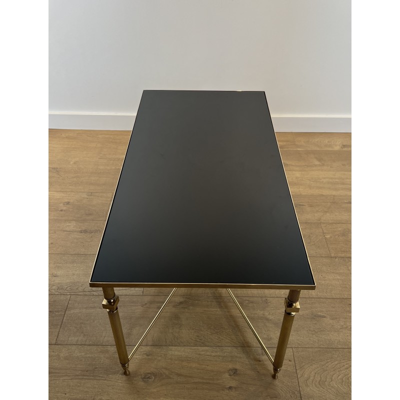 Rectangular Brass Coffee Table with Black Lacquered Glass Top, in the Style of Maison Jansen, Circa 1940