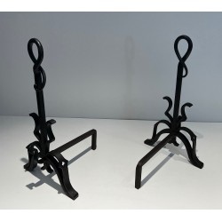 Pair of Important Cast Iron and Wrought Iron Andirons, French Work, Circa 1940