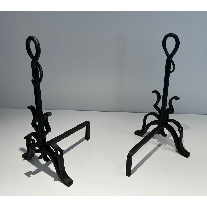 Pair of Important Cast Iron and Wrought Iron Andirons, French Work, Circa 1940