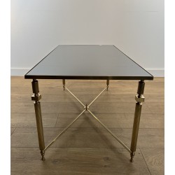 Table Basse Rectangulaire en Laiton et Plateau de Verre Laqué Noir, dans le Goût de la Maison Jansen, Vers 1940