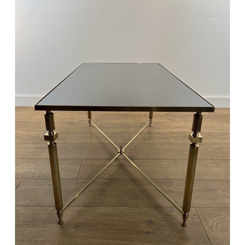 Rectangular Brass Coffee Table with Black Lacquered Glass Top, in the Style of Maison Jansen, Circa 1940