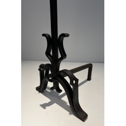 Pair of Important Cast Iron and Wrought Iron Andirons, French Work, Circa 1940