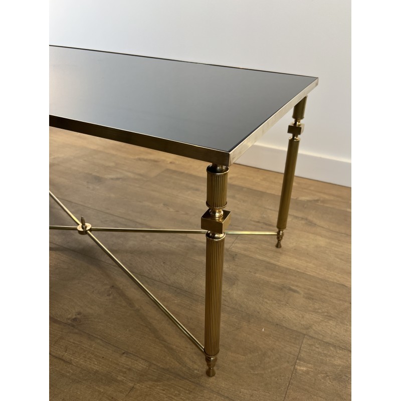 Table Basse Rectangulaire en Laiton et Plateau de Verre Laqué Noir, dans le Goût de la Maison Jansen, Vers 1940