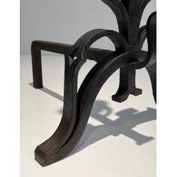 Pair of Important Cast Iron and Wrought Iron Andirons, French Work, Circa 1940