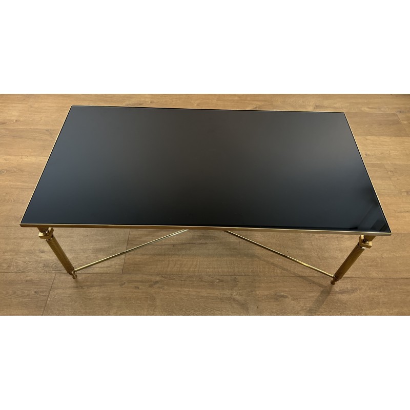 Table Basse Rectangulaire en Laiton et Plateau de Verre Laqué Noir, dans le Goût de la Maison Jansen, Vers 1940