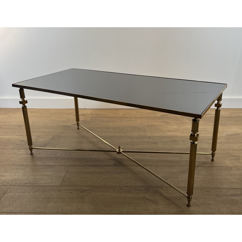 Table Basse Rectangulaire en Laiton et Plateau de Verre Laqué Noir, dans le Goût de la Maison Jansen, Vers 1940