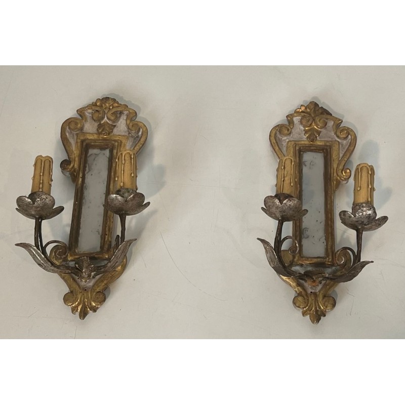 Pair of Art Déco Carved Wood Wall Lights with Mirror | Italian Work, circa 1935