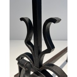 Pair of Important Cast Iron and Wrought Iron Andirons, French Work, Circa 1940