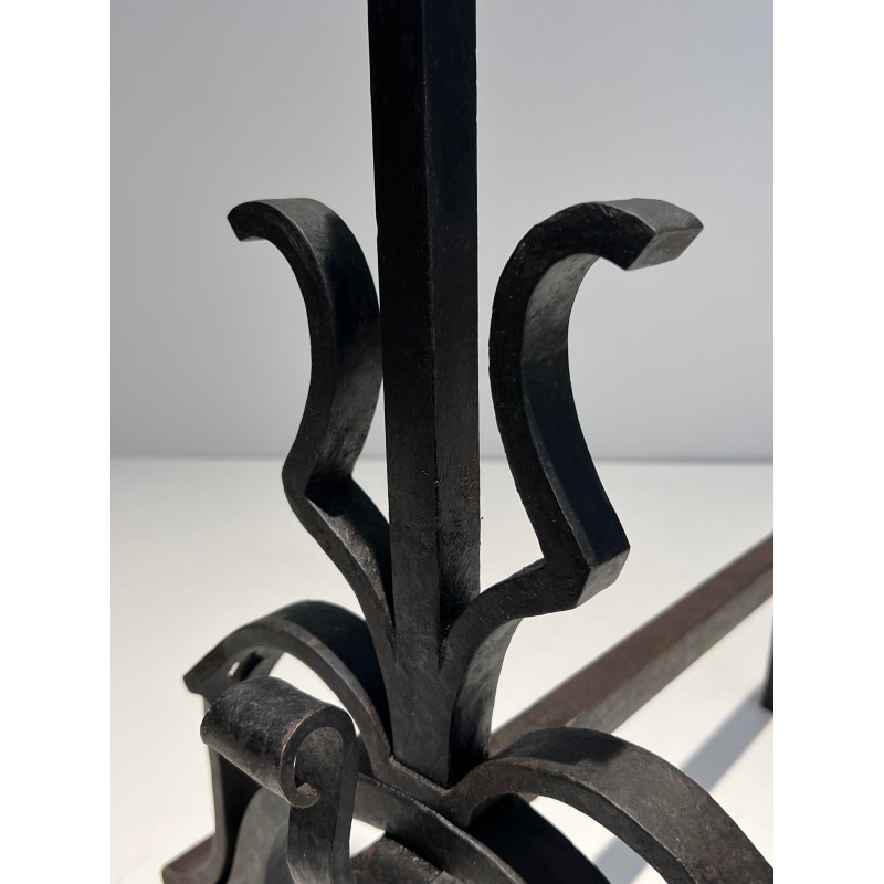 Pair of Important Cast Iron and Wrought Iron Andirons, French Work, Circa 1940