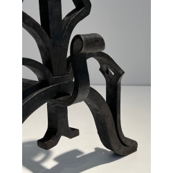 Pair of Important Cast Iron and Wrought Iron Andirons, French Work, Circa 1940