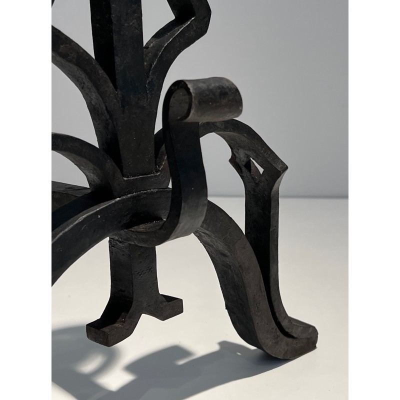 Pair of Important Cast Iron and Wrought Iron Andirons, French Work, Circa 1940