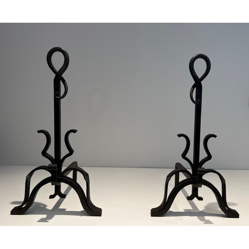 Pair of Important Cast Iron and Wrought Iron Andirons, French Work, Circa 1940
