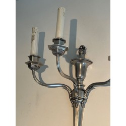 Paire d'Appliques Métal Argenté Style Louis XVI à Trois Bras | Travail Français, vers 1900