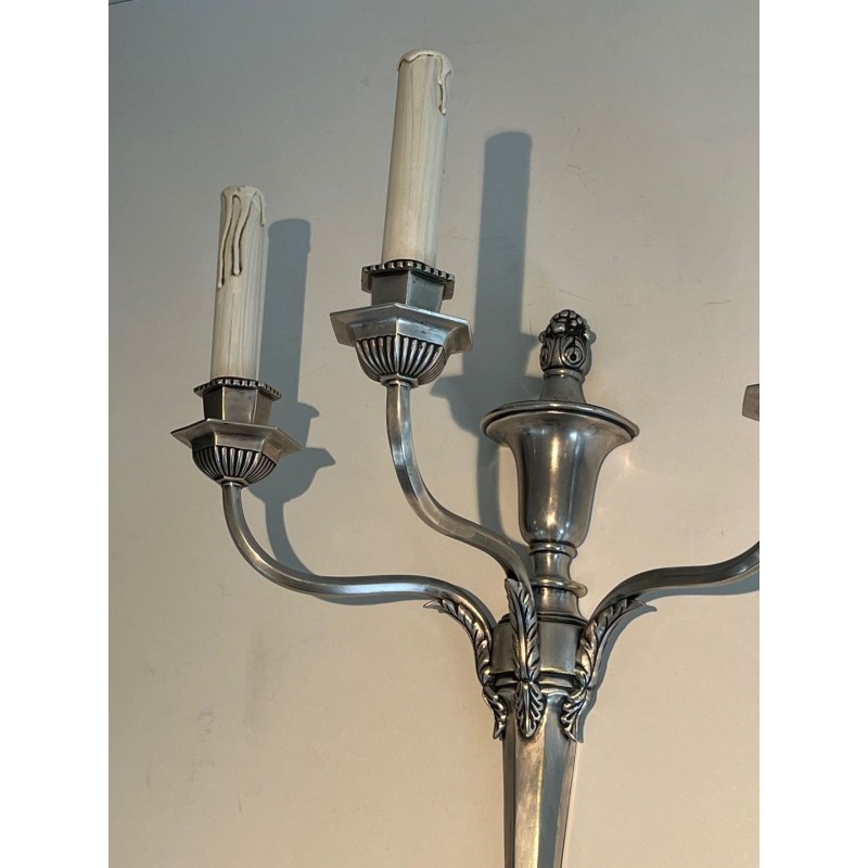 Pair of Louis XVI Style Silvered Metal Three-Arm Wall Lights | French Work, circa 1900