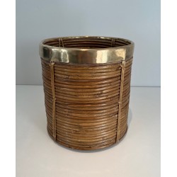 Rattan and Brass Wastebasket in the Style of Gabriela Crespi, Italian Work, Circa 1970