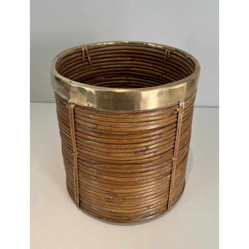 Rattan and Brass Wastebasket in the Style of Gabriela Crespi, Italian Work, Circa 1970