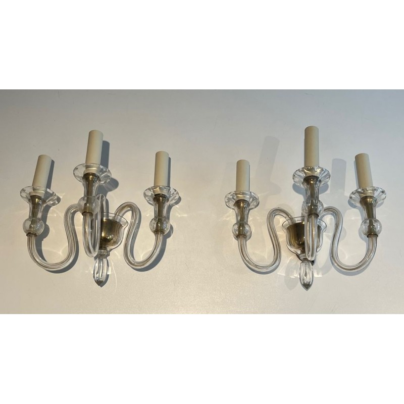 Paire d'Appliques en Cristal de Murano A 3 Bras de Lumière