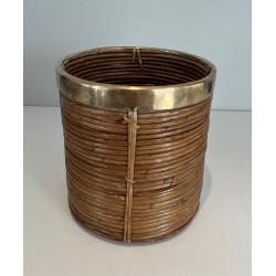 Rattan and Brass Wastebasket in the Style of Gabriela Crespi, Italian Work, Circa 1970